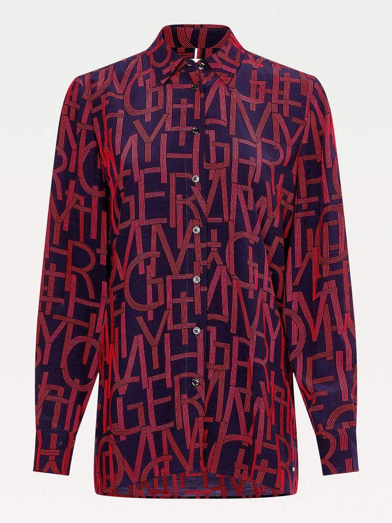 Női Tommy Hilfiger Viscose Print Blouses Piros Sötétkék | HU 23HAP